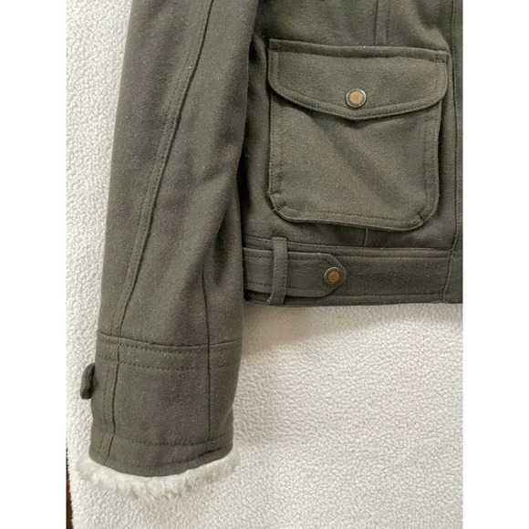 American Eagle Womens Medium Bomber Jacket Olive Green Wool Blend Sherpa Quilted - Picture 11 of 16